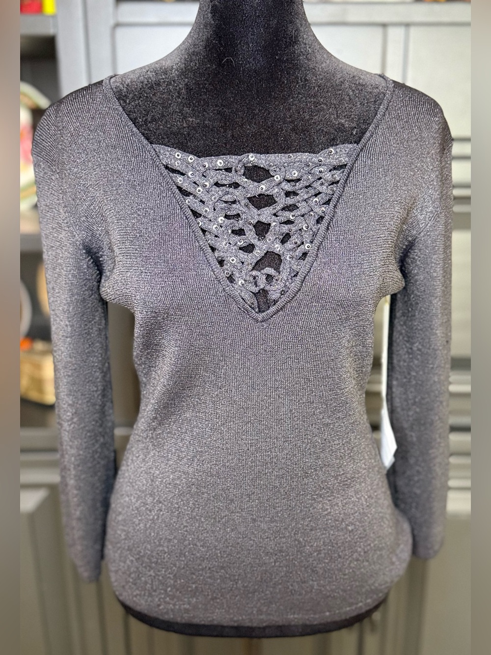 NWT vintage Y2K Joseph A Black sexy chic Deep V neck metallic silver lattice sm